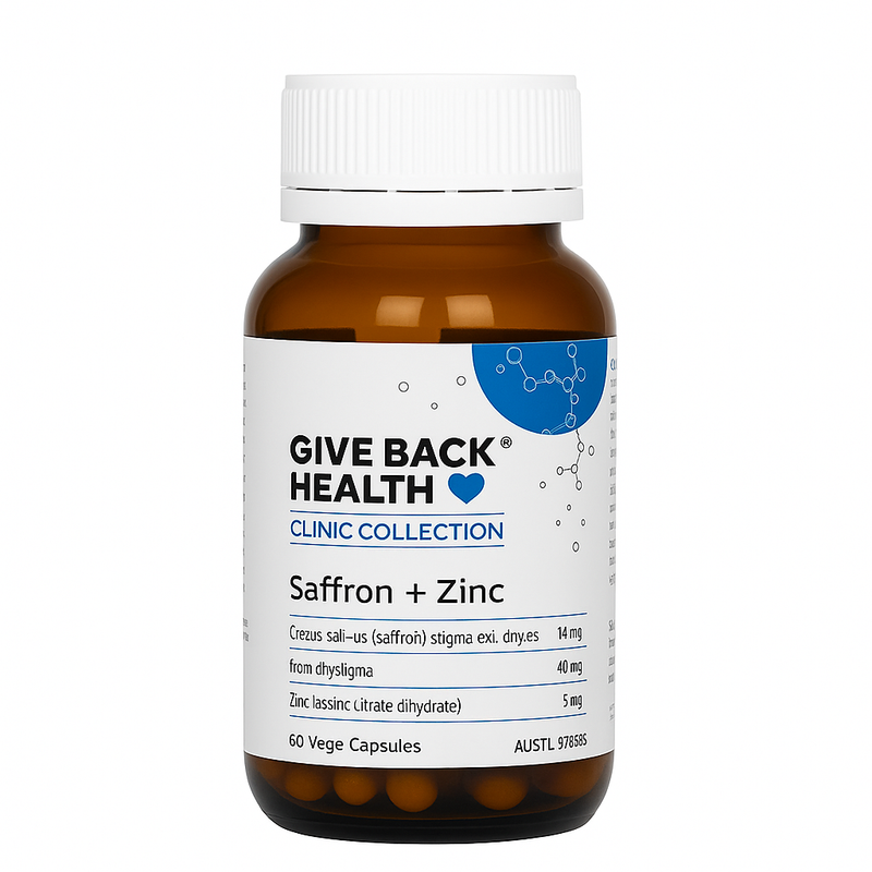 Image of a white supplement bottle that says give back health cinic collection saffron+zinc  Crezus sali-us (saffron) stigma exi. dny.es 14mg from dhysligma 40mg, zinc lassinc (itrate dihydrate) 5mg 60 vege capsules 