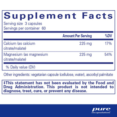 Ingredients: Calcium (as calcium citrate/malate), Magnesium (as magnesium citrate /malate)