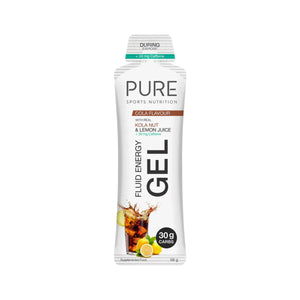 A Supplement container with the name Fluid Energy Gel (Cola Flavour with real Kola nut & lemon Juice + 30g Carbs) by pure Sports Nutrition.