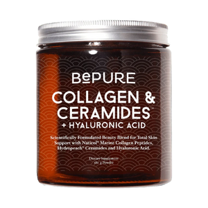 A Supplement container with the name Collagen & Ceramides +  Hyaluronic Acid by BePure.