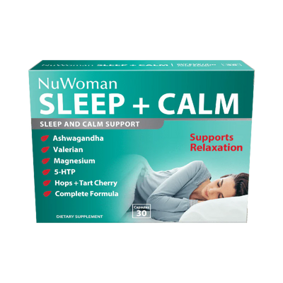 A Supplement container with the name Sleep + Calm by NuWoman 