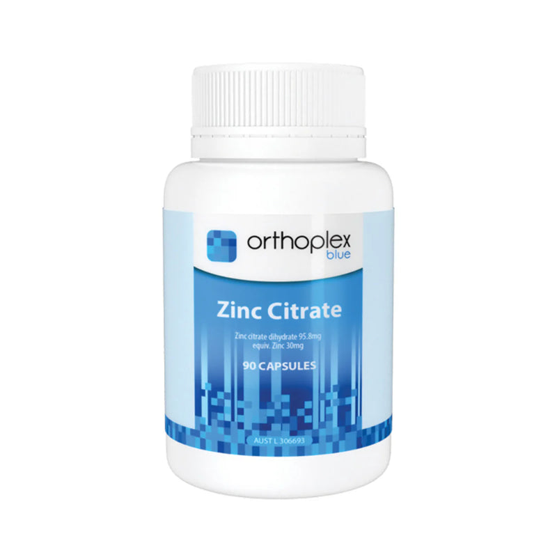 A Supplement container with the name Zinc Citrate by Orthoplex Blue