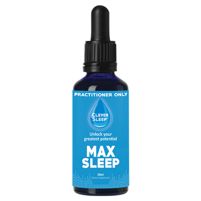 An image of a supplement bottle with the name Max Sleep by Clever Sleep.