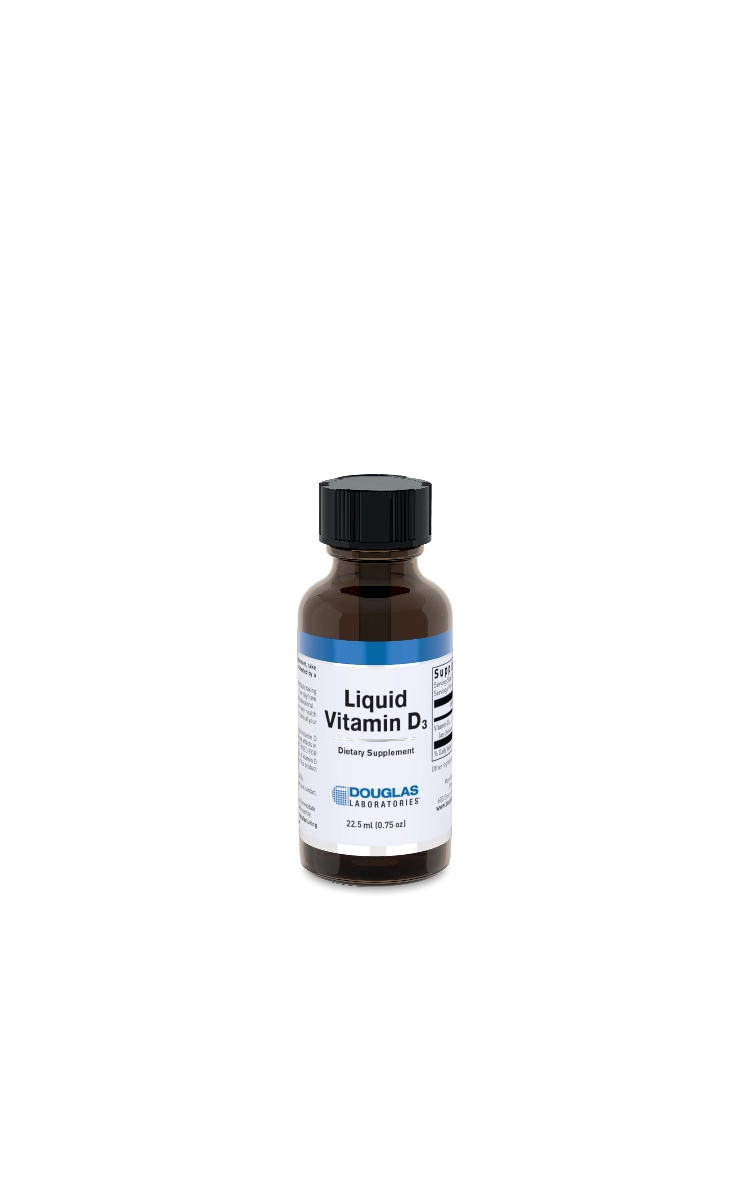 A supplement bottle with the name Liquid Vitamin D3 by Douglas Labs