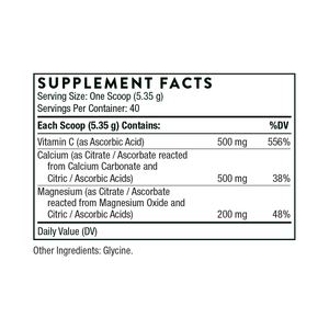 Ingredients including Vitamin C, Ascorbic acid, Calcium citrate, Calcium carbonate, Magnesium Citrate, Magnesium Oxide, Magnesium Ascorbate.