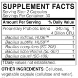 Text describing the ingredients: Proprietary Probiotic Blend 340mg, 4 Billion CFU, Bacillus indicus HU 36, Bacillus clausil (SC-109), Bacillus  subtill HU58, Bacillus coagulans (SC-208), Bacillus licheniformis (SL-307).