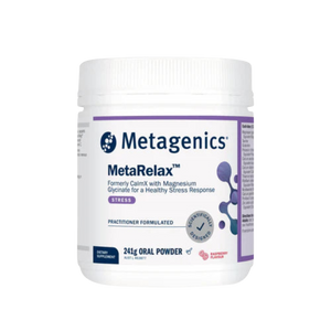 A Supplement container with the name MetaRelax  Raspberry 241g (formerly CalmX) by Metagenics.