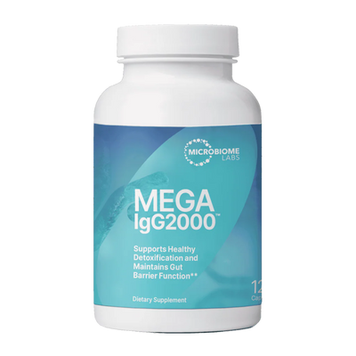 A Supplement container with the name Mega IgG2000 Capsules by Microbiome Labs.
