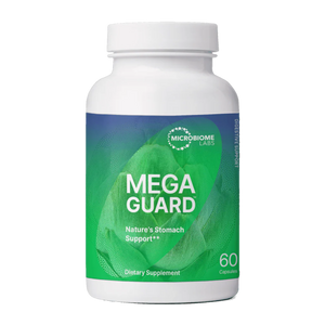 A Supplement container with the name Mega Guard by Microbiome Labs.