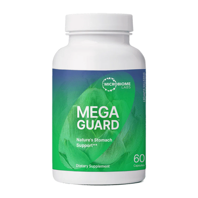 A Supplement container with the name Mega Guard by Microbiome Labs.