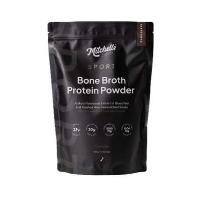A Supplement Pouch with the name Bone Broth Protein Powder  Chocolate (SPORT) by Mitchell's Nutrition.