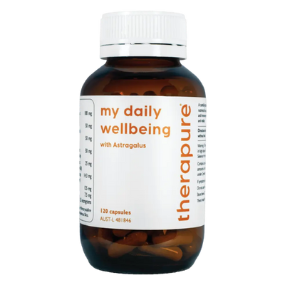 A Supplement bottle with the name my daily wellbeing by therapure.