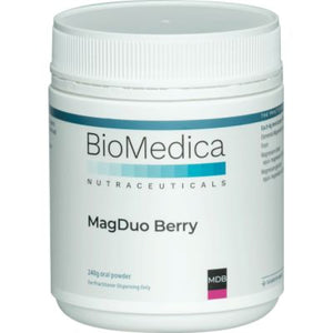 A Supplement container with the name MagDuo Berry 240g  by BioMedica.