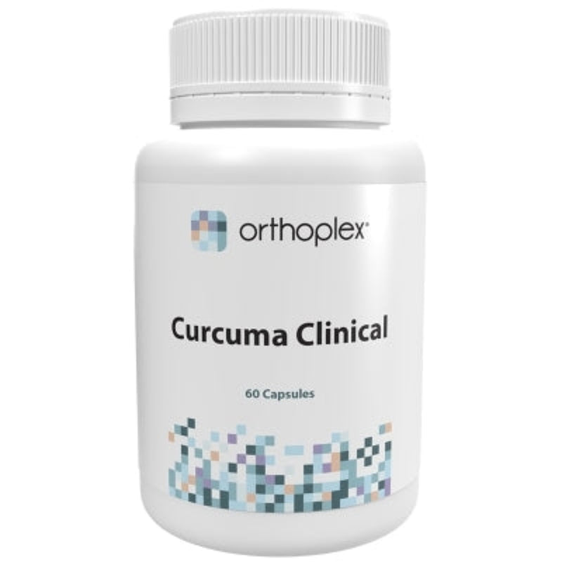 A Supplement container with the name Curcuma Clinical by Orthoplex White.