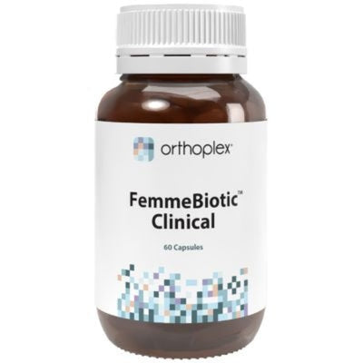 A Supplement container with the name FemmeBiotic Clinical by Orthoplex White.