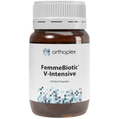 A Supplement container with the name  FemmeBiotic V-Intensive by Orthoplex White