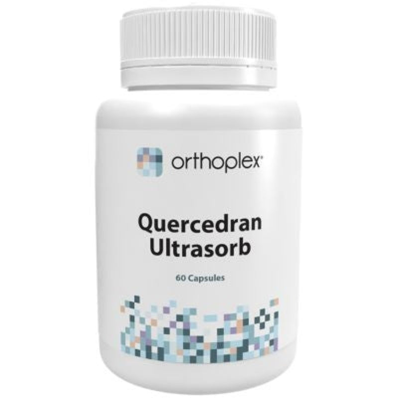 A Supplement container with the name Quercedran Ultrasorb by Orthoplrex White