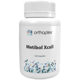 A Supplement container with the name Metibol Xcell (120 Caps) by Orthoplex White.