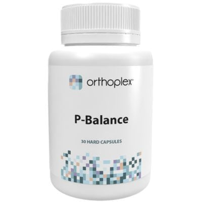 A Supplement container with the name P-Balance (30  Caps) by Orthoplex White.