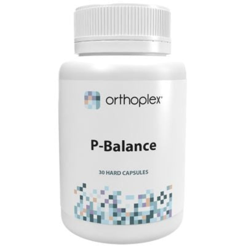 A Supplement container with the name P-Balance (30  Caps) by Orthoplex White.