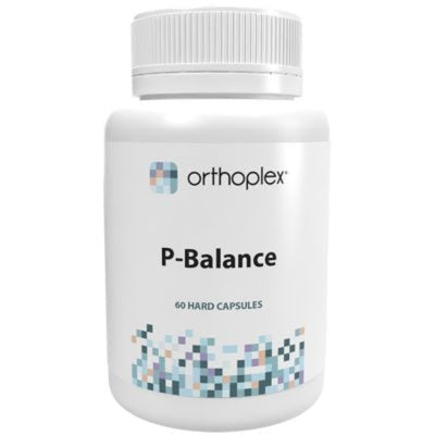 A Supplement container with the name P-Balance (60  Caps) by Orthoplex White.