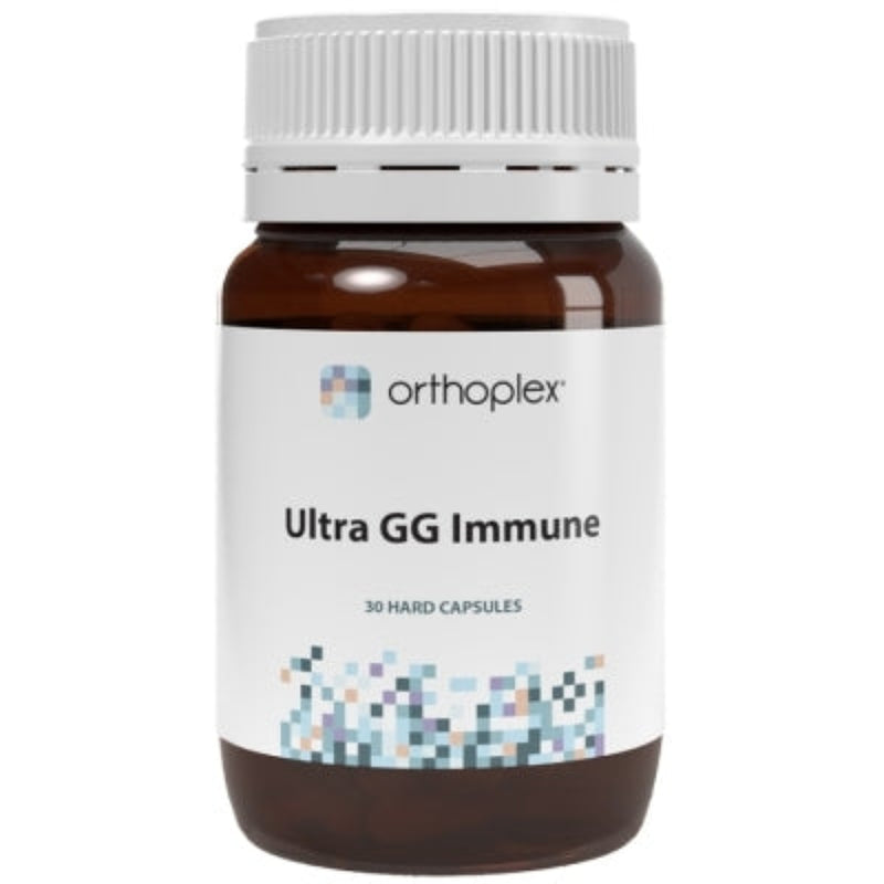 A Supplement container with the name Ultra GG Immune (30 Caps) by Orthoplex White. 