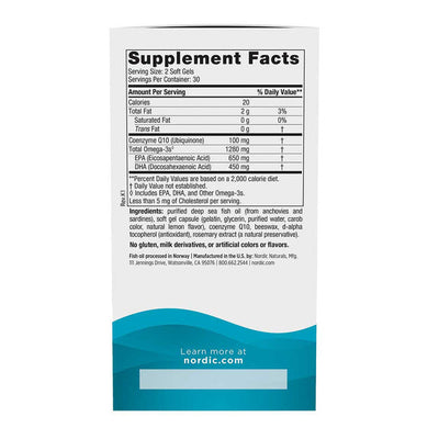 A supplement box listing the ingredients including Coenzyme q10, Ubiquinone, EPA, DHA, Eicosapentaenoic acid, Docosahexaenoic acid.