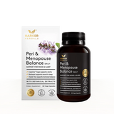 Image of a white suppelement box package that says harker herbals peri and menopause daily support for mood and sleep conivia sage supports clarity shatavari supports ood and sleep, chaste tree supports hormonal balance with botanical extracts dietary supplement 60 vege capsules