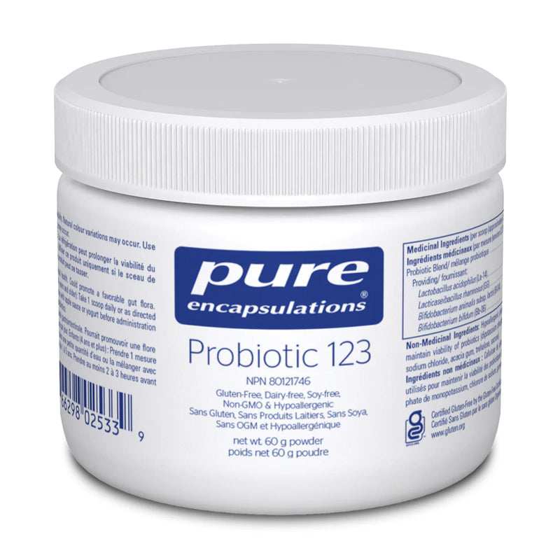 A Supplement container with the name Probiotic 123 by Pure Encapsulations.