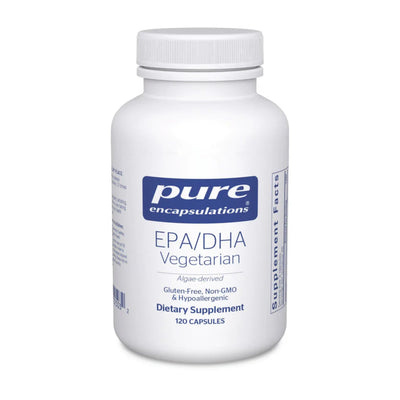 A Supplement container with the name EPA/DHA Vegetarian by Pure Encapsulations.