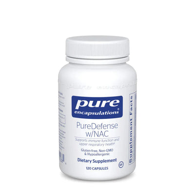 A Supplement container with the name PureDefense w/NAC by Pure Encapsulations.