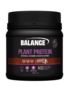 A Supplement container with the name Plant Protein by Balance.  Ingredients Vanilla flavour: Balance Plant Protein Blend (91%) (Pea Protein Isolate, Brown Rice Protein Concentrate, Chia Protein Powder, Sacha Inchi Powder), Natural Flavours, Amino Acids [L-Glutamine (2%), BCAAs (1%) (L-Leucine, L-Isoleucine, L-Valine)], Vegetable Gums (Xanthan, Guar), Salt, Digestive Enzymes (0.4%) (Bromelain, Papain), Natural Sweeteners (Steviol Glycosides, Thaumatin).