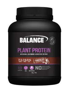 A Supplement container with the name Plant Protein by Balance. Ingredients Vanilla flavour: Balance Plant Protein Blend (91%) (Pea Protein Isolate, Brown Rice Protein Concentrate, Chia Protein Powder, Sacha Inchi Powder), Natural Flavours, Amino Acids [L-Glutamine (2%), BCAAs (1%) (L-Leucine, L-Isoleucine, L-Valine)], Vegetable Gums (Xanthan, Guar), Salt, Digestive Enzymes (0.4%) (Bromelain, Papain), Natural Sweeteners (Steviol Glycosides, Thaumatin).