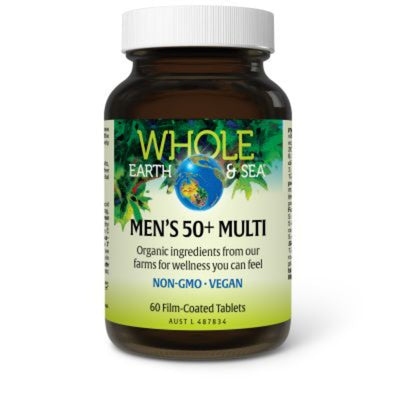 A Supplement bottle with the name Men's 50+ Multi by Whole Earth & Sea.