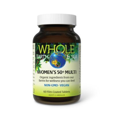 A Supplement container with the name Women's 50+ Muti by Whole Earth & Sea.
