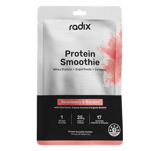 A Supplement bag with the Protein Smoothie (Strawberry & Banana) by Radix Nutrition.