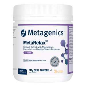 A Supplement container with the name MetaRelax  Tropical 241g (formerly CalmX) by Metagenics.