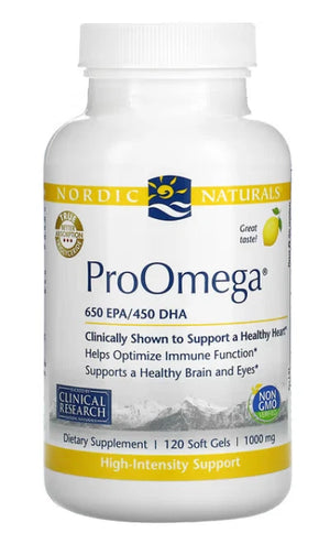  Supplement container with the name ProOmega (120 Softgel caps) by Nordic Naturals.