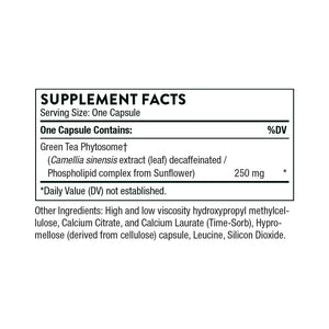 Ingredients including Green Tea Phytosome, Camellia sinensis extract, Decaffinated, Phospholipid complex, Sunflower.