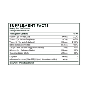 Ingredients including Vitamin C, Ascorbic acid, Vitamin E, D-alpha tocopheryl, Vitamin B12, Methylcobalamin, Iodine, Potassium iodide, Zinc TRAACS Bisglycinate Chelate, Selennium, L-Selenomethione, Copper CItrate, L-Tyrosine, Ashwagandha, KSM-66, Withania somnifera.