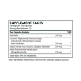 Text describing the Ingredients: Bromelain, Curcumin Phytosome, Ginger extract, Indian Frankincense extract. Curcuma longa extract, Phospholipid, Sunflower, Zingiber officinale, Boswellia serrata.