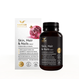 Image of a white supplement packageing box which says harker herbals skin, hair and nails daily strengthening and hyrate, biotin supports healthy nails keragen-IV supports hair density, pomegranate supports skin elasticity 