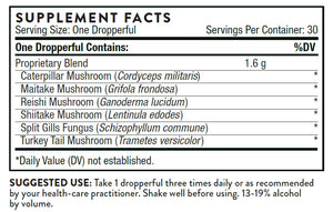 Ingredients including Caterpillar Mushroom, Cordyceps Militaris, Maitake Mushroom, Grifola frondosa, Reishi Mushroom, Ganoderma Lucidum, Shiitake Mushroom, Lentinula edodes, Split Gills Fungus, Schizophyllum commune, Turkey Tail Mushroom, Trametes versicolor.