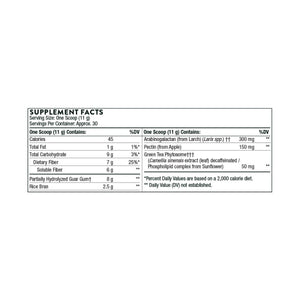 Text describing the ingredients: Partially Hydrolyzed Guar Gum, Rice Bran, Arabinogalactan, Pectin, Green Tea Phytosome.
