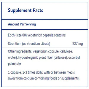 Text describing ingredients: Strontium (as strontium citrate) 227mg.