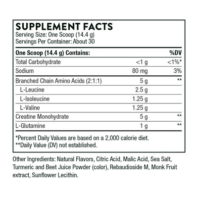 Ingredients: Branched Chain Amino Acids, L-Leucine, L-Isoleucine, Creatine Monohydrate, L-Glutamine.