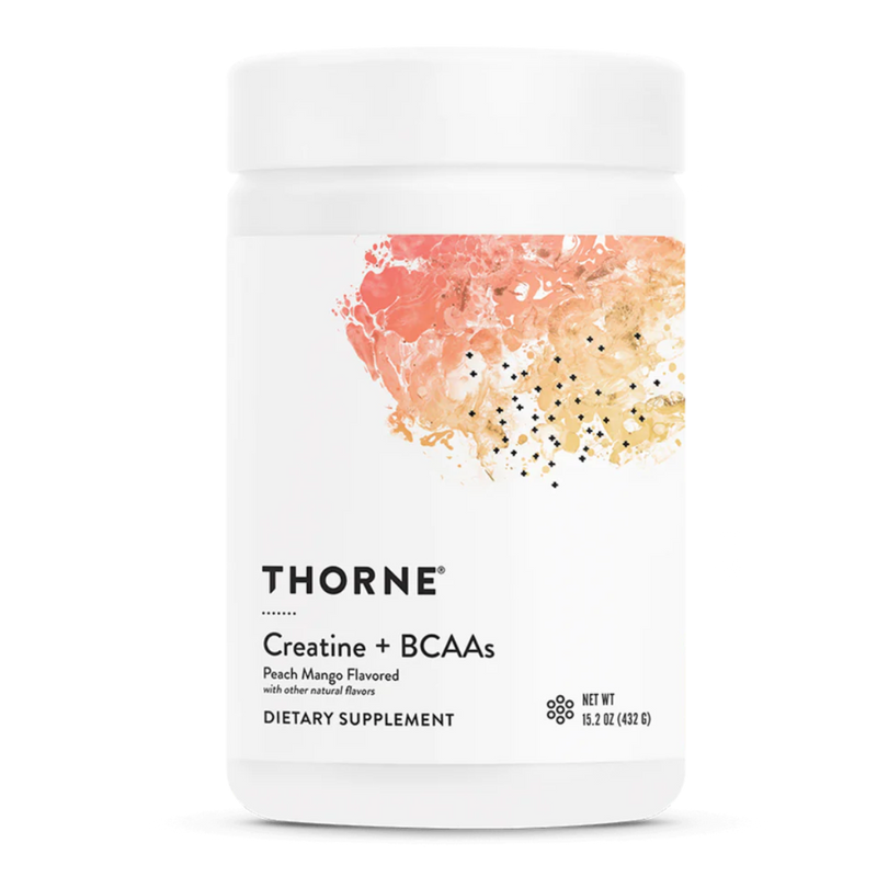 A Supplement container with the name Creatine + BCAAs by Thorne.