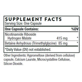 Ingredients including Nicotinamide Riboside Hydrogen Malate, Betaine Anhydrous, Trimethylgylcine. 