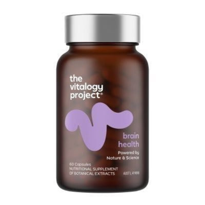 A Supplement container with the name Brain Health by The Vitalogy Project.