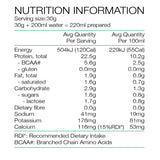 Text describing the ingredients: nstant Whey Protein Concentrate (94%) (From Milk, Contains Sunflower Lecithin), Natural Flavours (Contain Milk), Ground Organic Vanilla Beans (0.5%), Ground Organic Cinnamon, Natural Stevia Sweetener (Steviol Glycosides). Contains Milk Products.